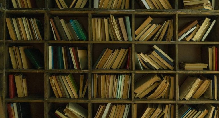 Etagere en bois remplie de vieux livres empiles
