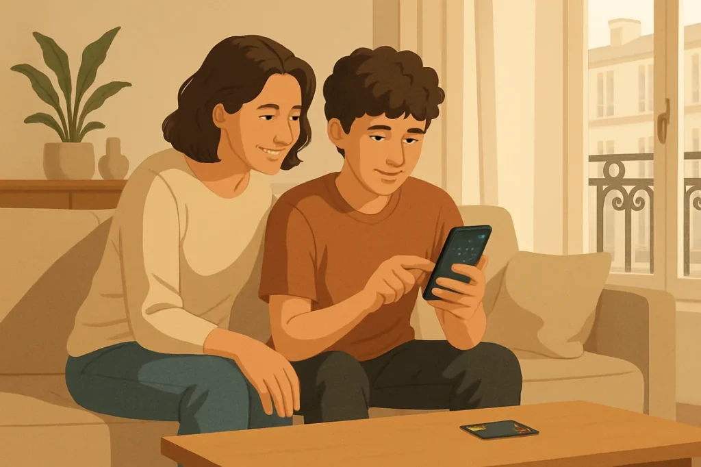 Une mère et son fils adolescent consultent ensemble une application bancaire sur un smartphone